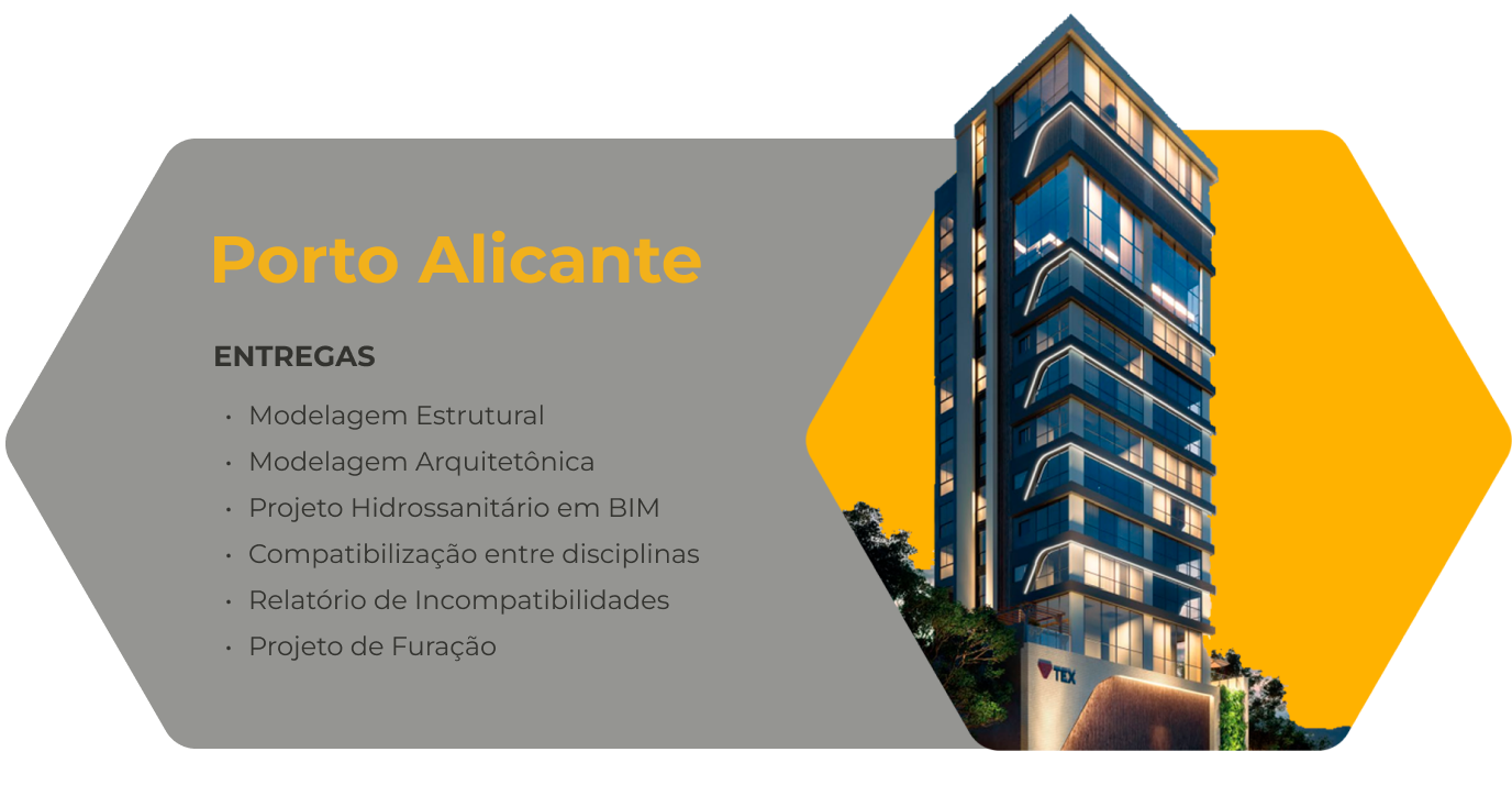 Porto alicante, Entregas: Modelagem Estrutural Modelagem Arquitetônica Projeto Hidrossanitário em BIM Compatibilização entre disciplinas Relatório de Incompatibilidades Projeto de Furação